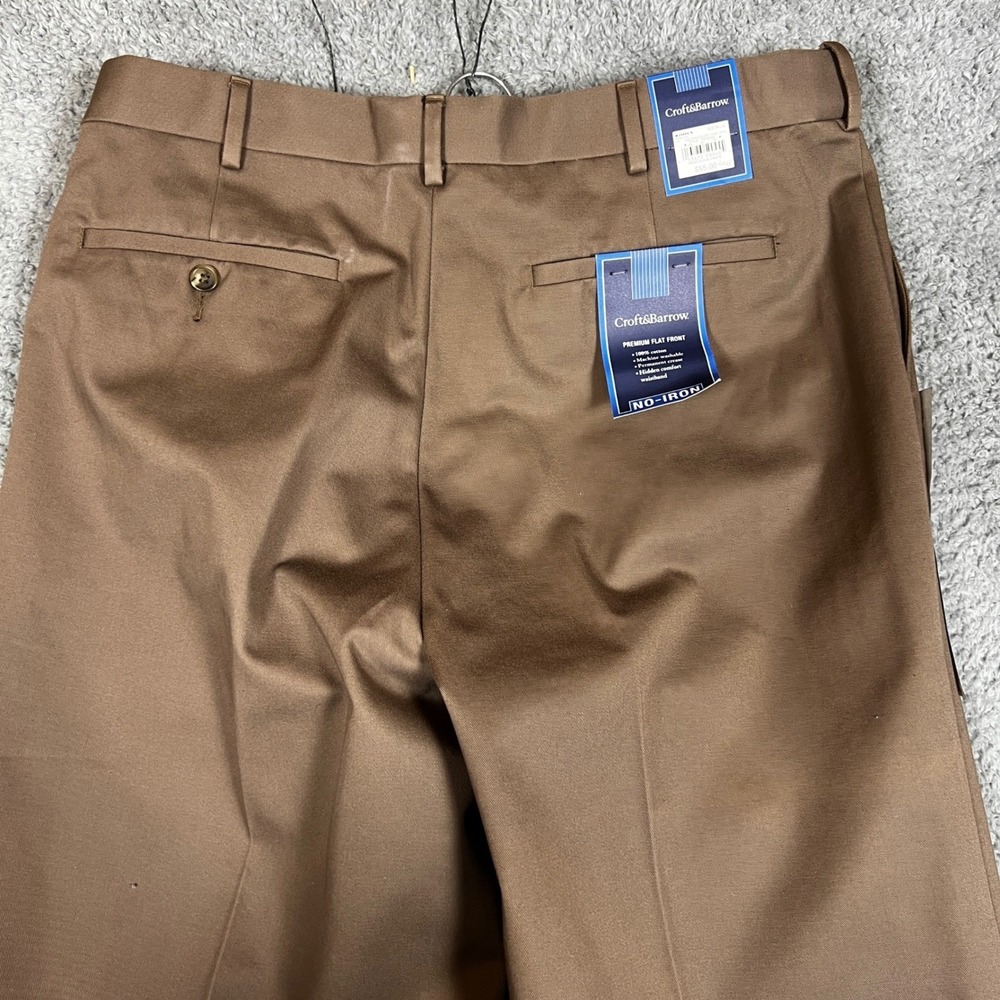 Croft Barrow Premium Flat Front Pants Mens 36x34 Brown NEW No-Iron Cotton